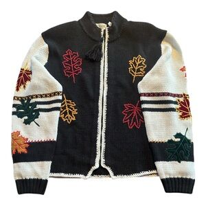 Leaf Embroidered Zip Cardigan Cabin Core Rustic Fall Sweater Cottagecore Large
